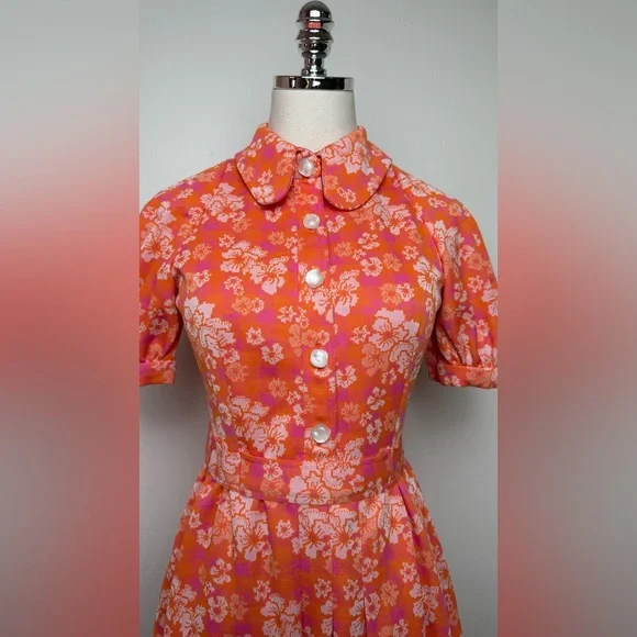 True Vintage 70s Orange Pink White Floral Puff Sleeve Collar Mini Dress Small